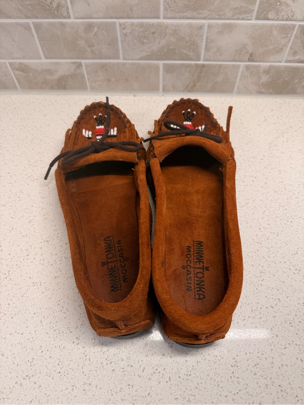 Minnetonka Brown Suede Beaded Moccasin Flats - Picture 4 of 7
